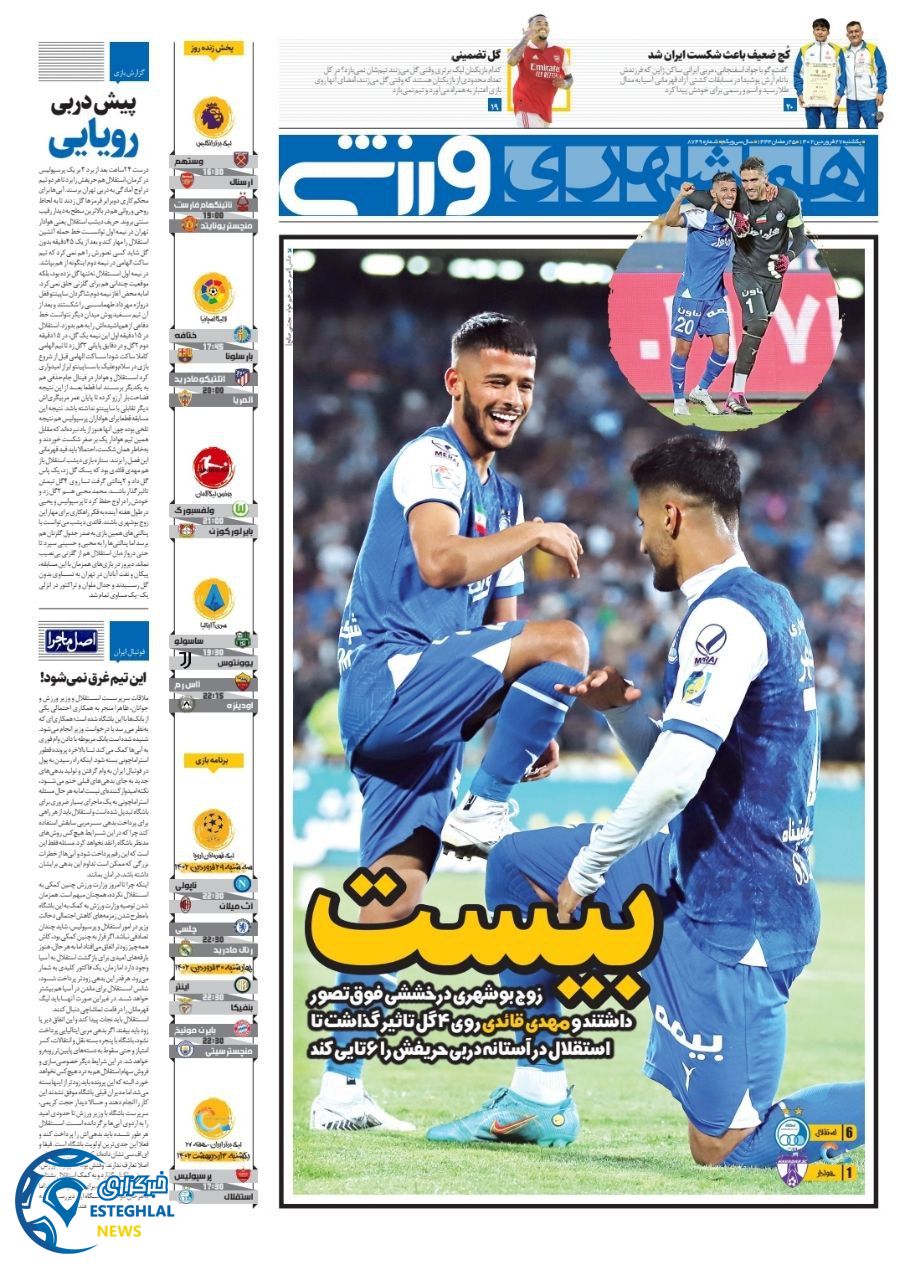 روزنامه همشهری ورزشی یکشنبه 27 فروردین 1402  
