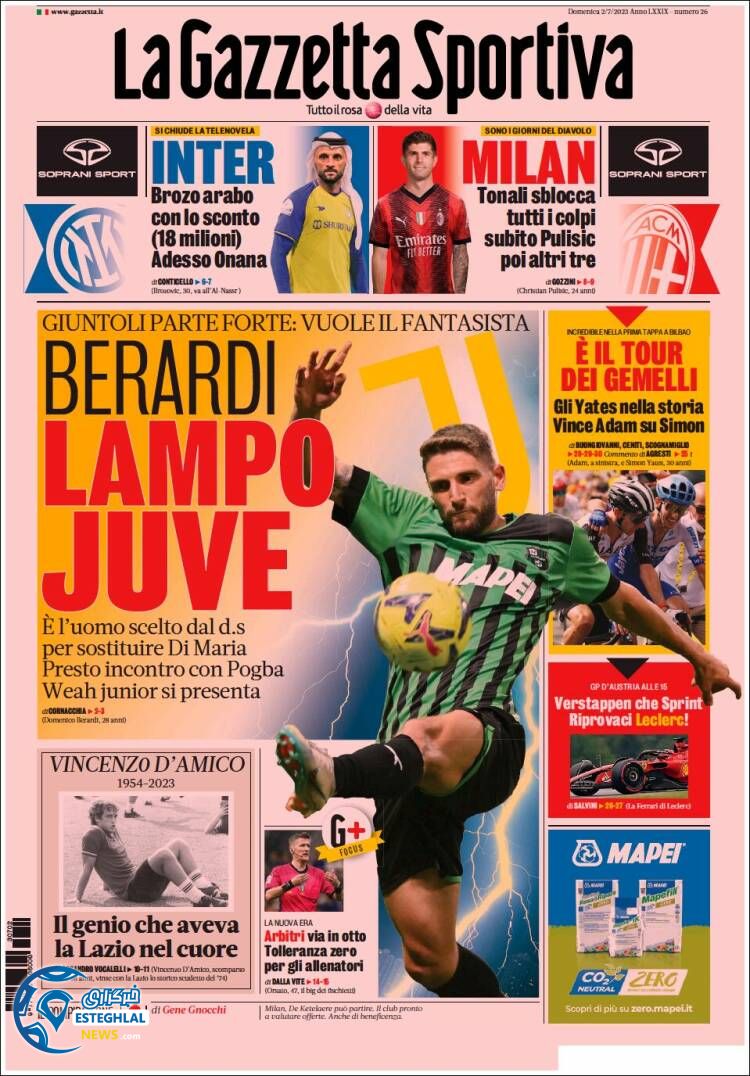 روزنامه ورزشی گاتزتا دلو اسپورت یکشنبه 11 تیر 1402 