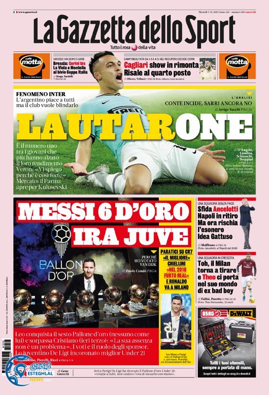 روزنامه ورزشی گاتزتا دلو اسپورت سه شنبه 12 آذر 1398