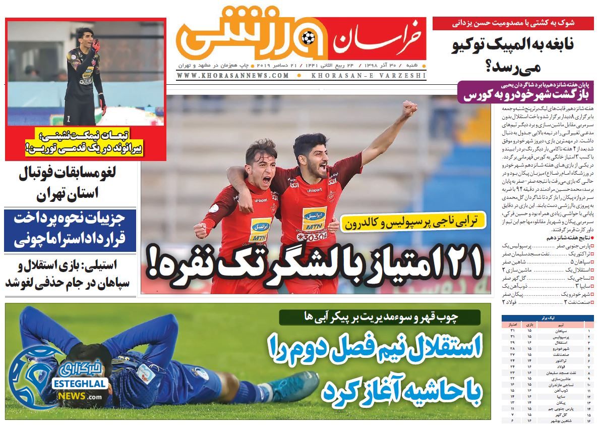 روزنامه خراسان ورزشی شنبه 30 آذر 1398 