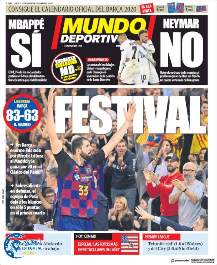 روزنامه ورزشی موندو دپورتیوو دوشنبه 9 دی 1398