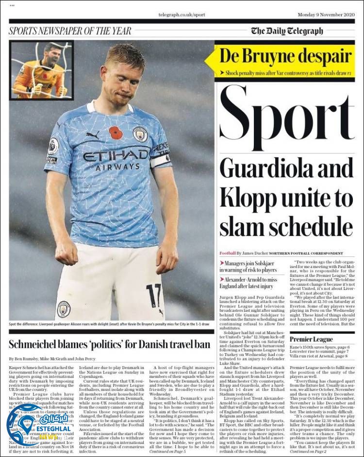 روزنامه ورزشی تلگراف اسپورت دوشنبه 19 آبان&nbsp;1399