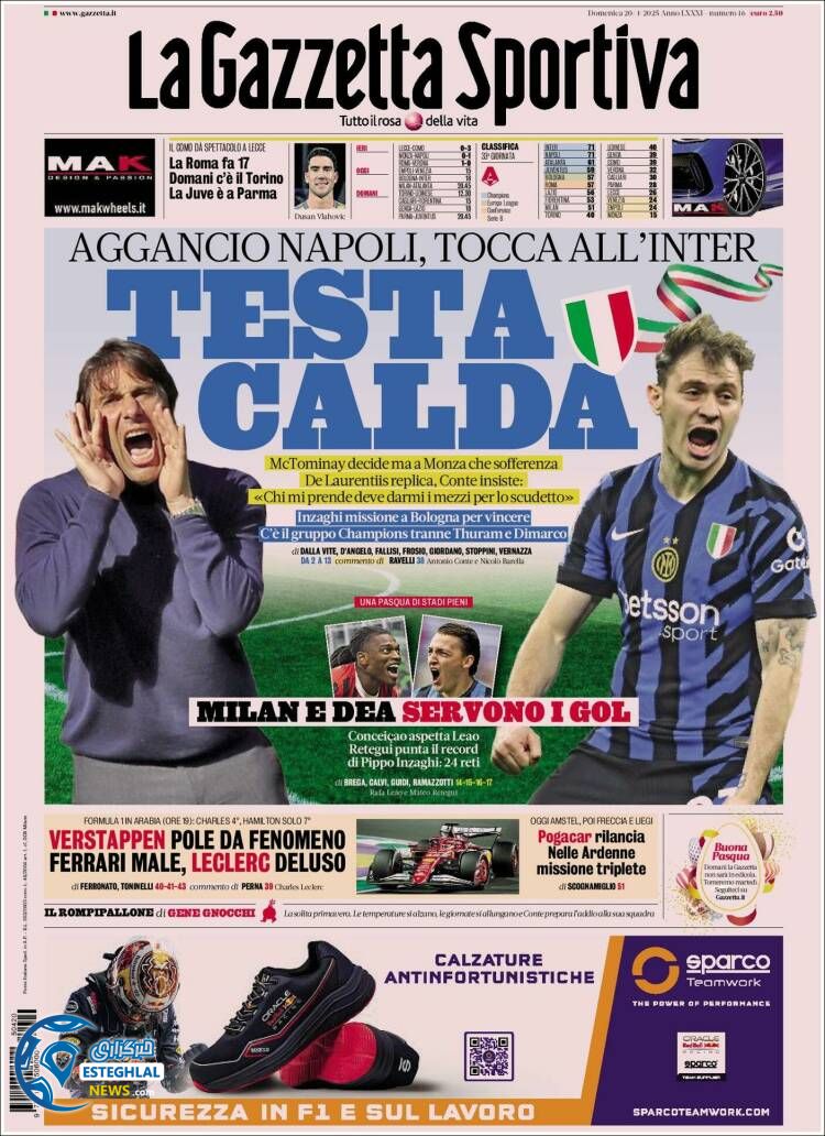 روزنامه ورزشی گاتزتا دلو اسپورت یکشنبه 31 فروردین 1404 