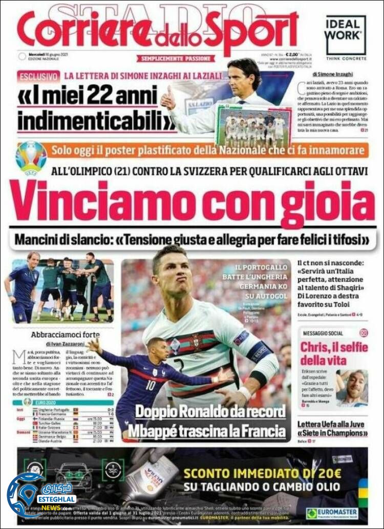 روزنامه ورزشی کوریره دلو اسپورت چهارشنبه 26 خرداد 1400