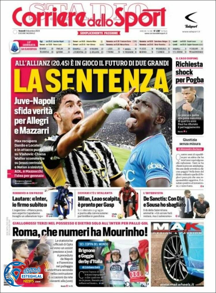 روزنامه ورزشی کوریره دلو اسپورت جمعه 17 آذر 1402 