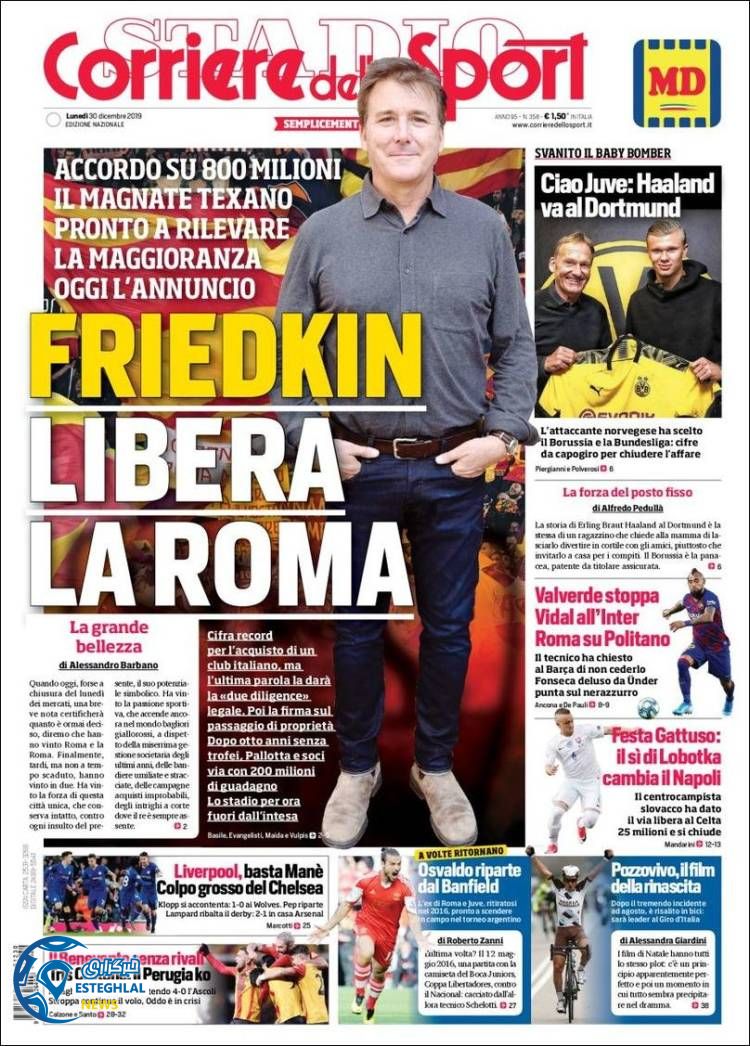 روزنامه ورزشی کوریره دلو اسپورت دوشنبه 9 دی 1398