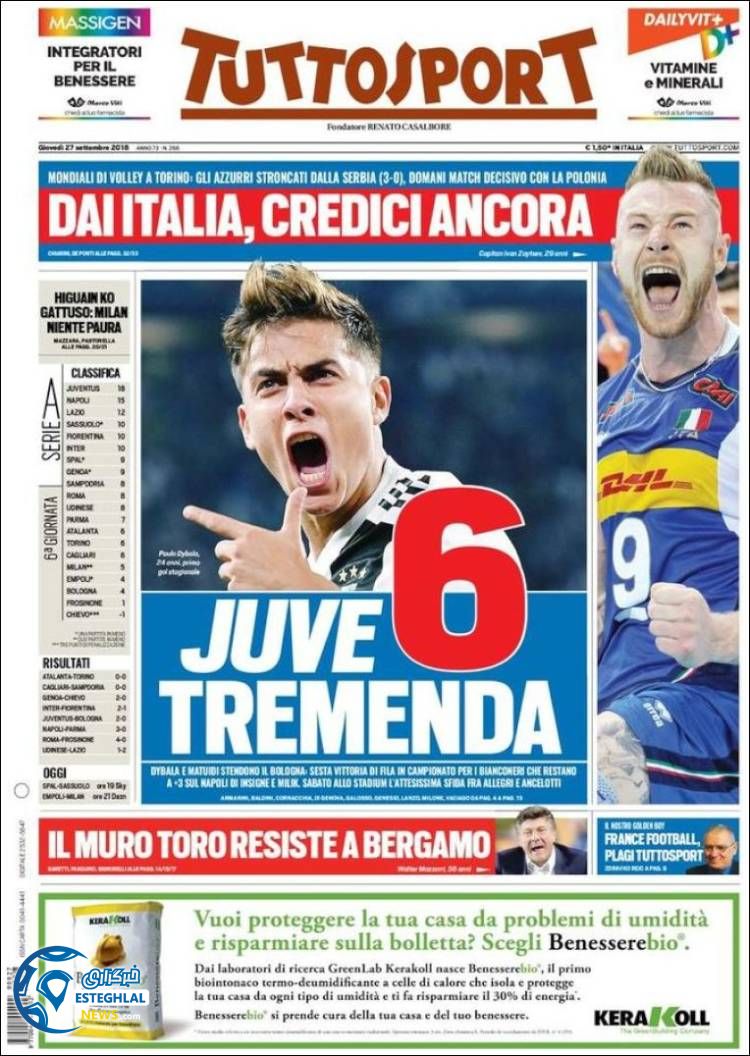 روزنامه ورزشی کوریره دلو اسپورت پنجشنبه 5 مهر 1397