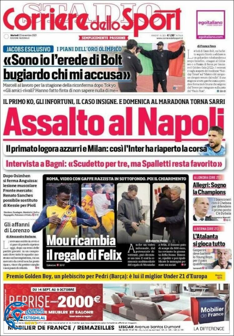 روزنامه ورزشی کوریره دلو اسپورت سه شنبه 2 آذر 1400