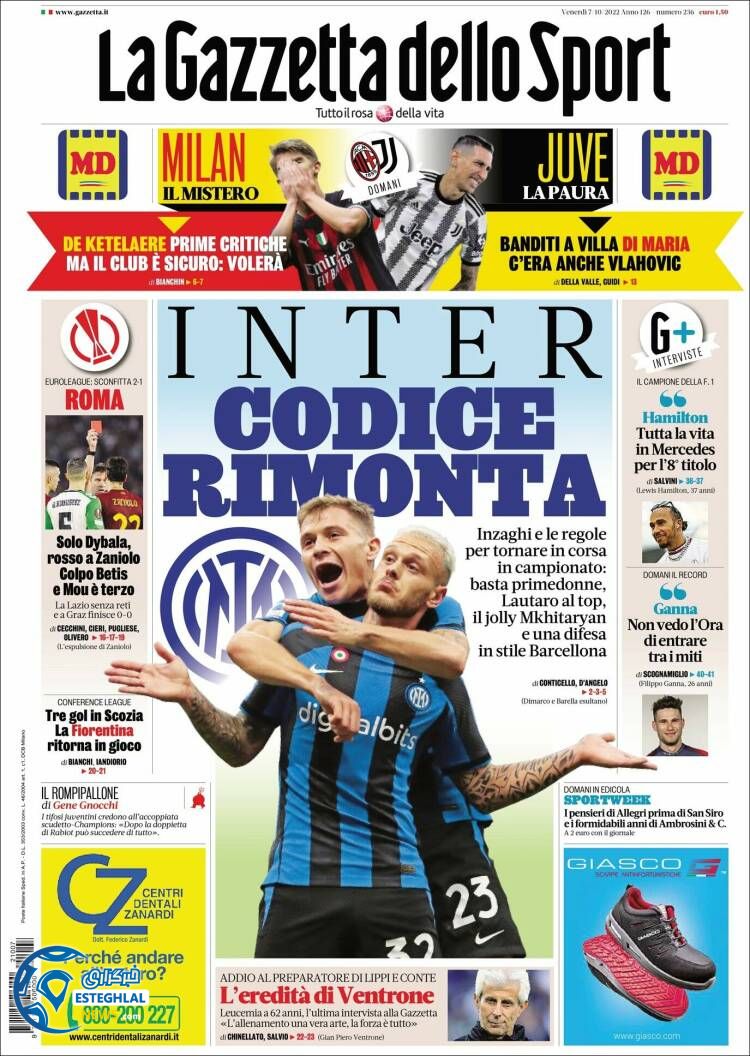 روزنامه ورزشی گاتزتا دلو اسپورت جمعه 15 مهر 1401