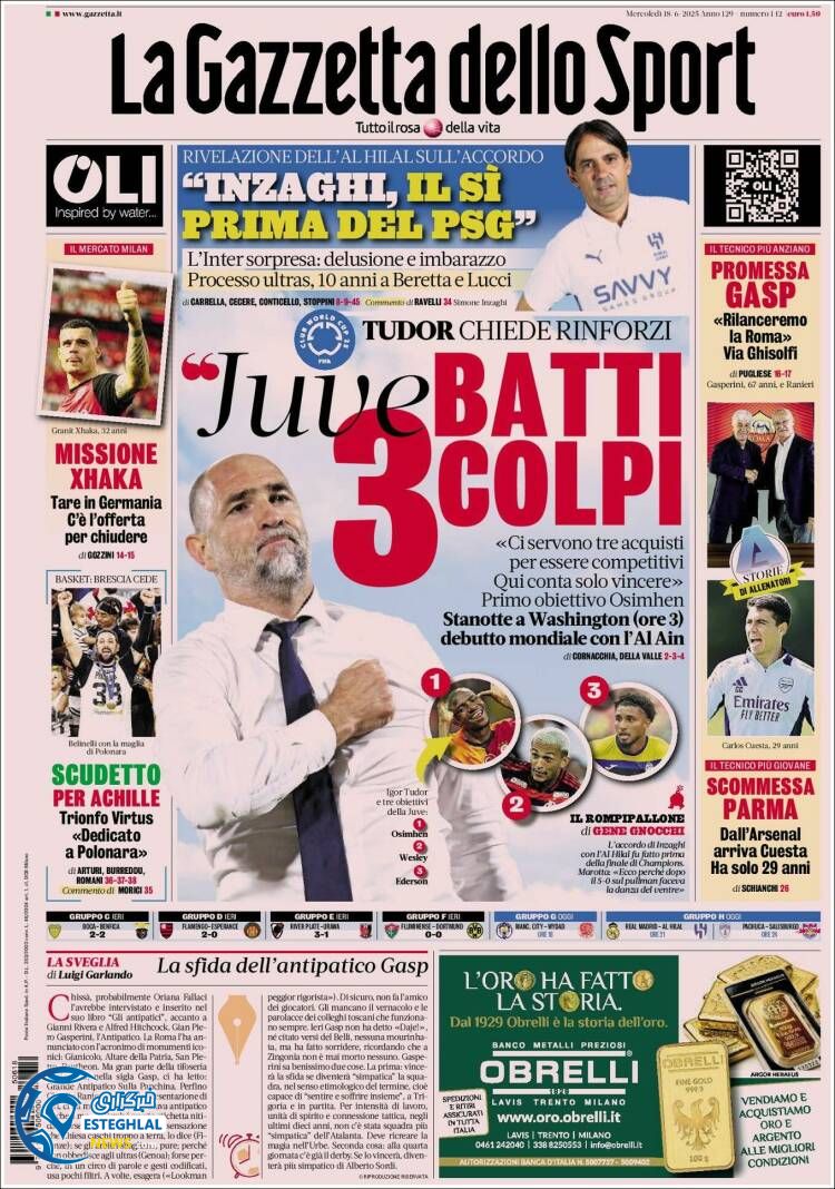 روزنامه ورزشی گاتزتا دلو اسپورت چهارشنبه 28 خرداد 1404 