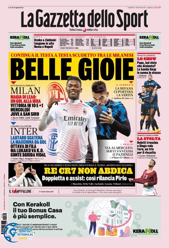 روزنامه ورزشی گاتزتا دلو اسپورت دوشنبه 15 دی 1399