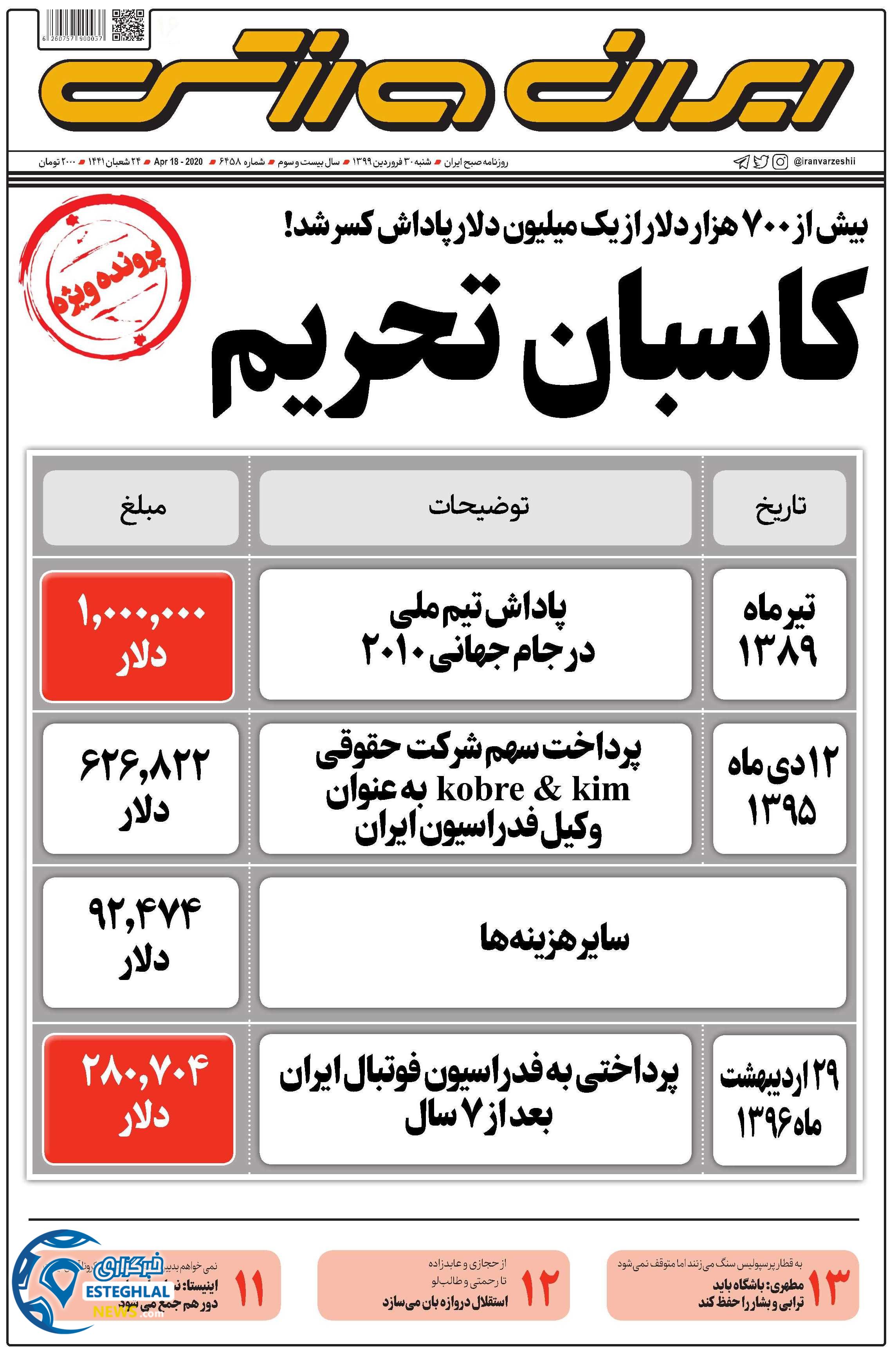 روزنامه ایران ورزشی شنبه 30 فروردین 1399 