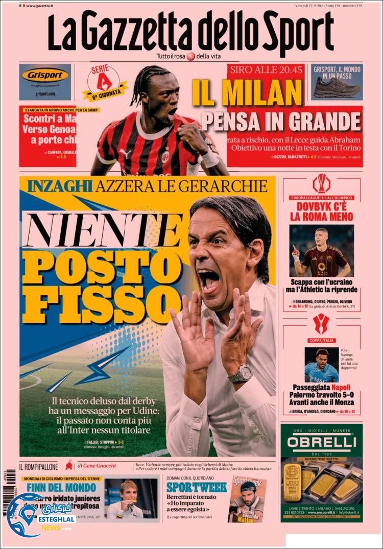 روزنامه ورزشی گاتزتا دلو اسپورت جمعه 6 مهر 1403 