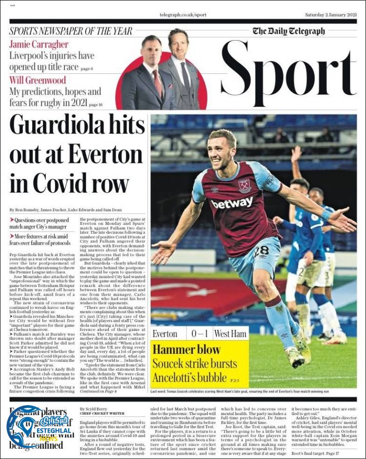 روزنامه ورزشی تلگراف اسپورت شنبه 13 دی 1399