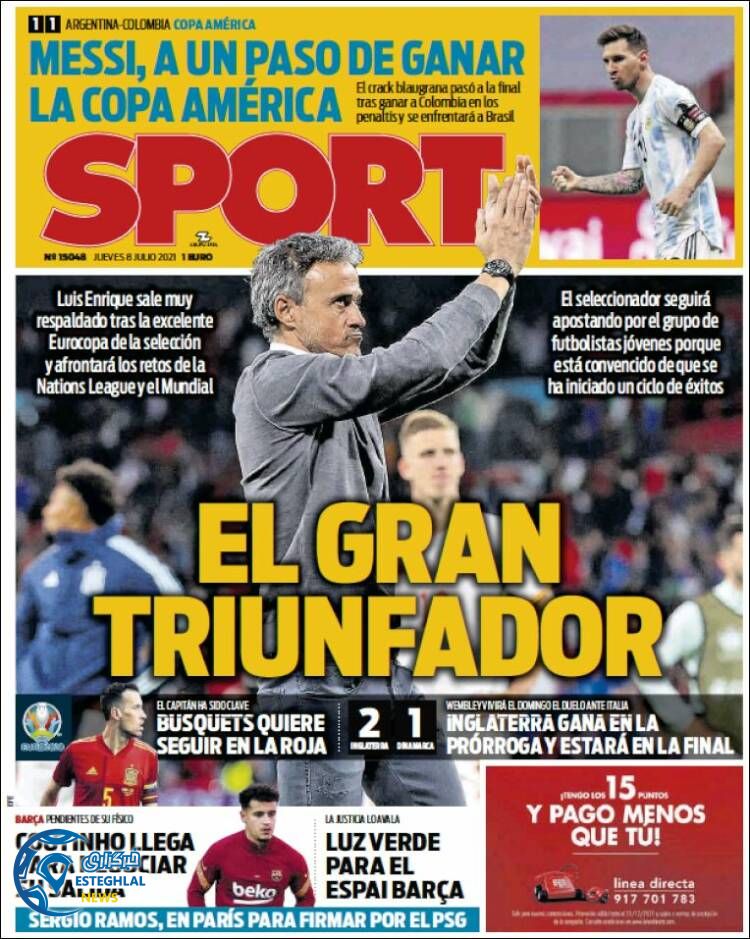 روزنامه ورزشی اسپورت پنجشنبه 17 تیر 1400