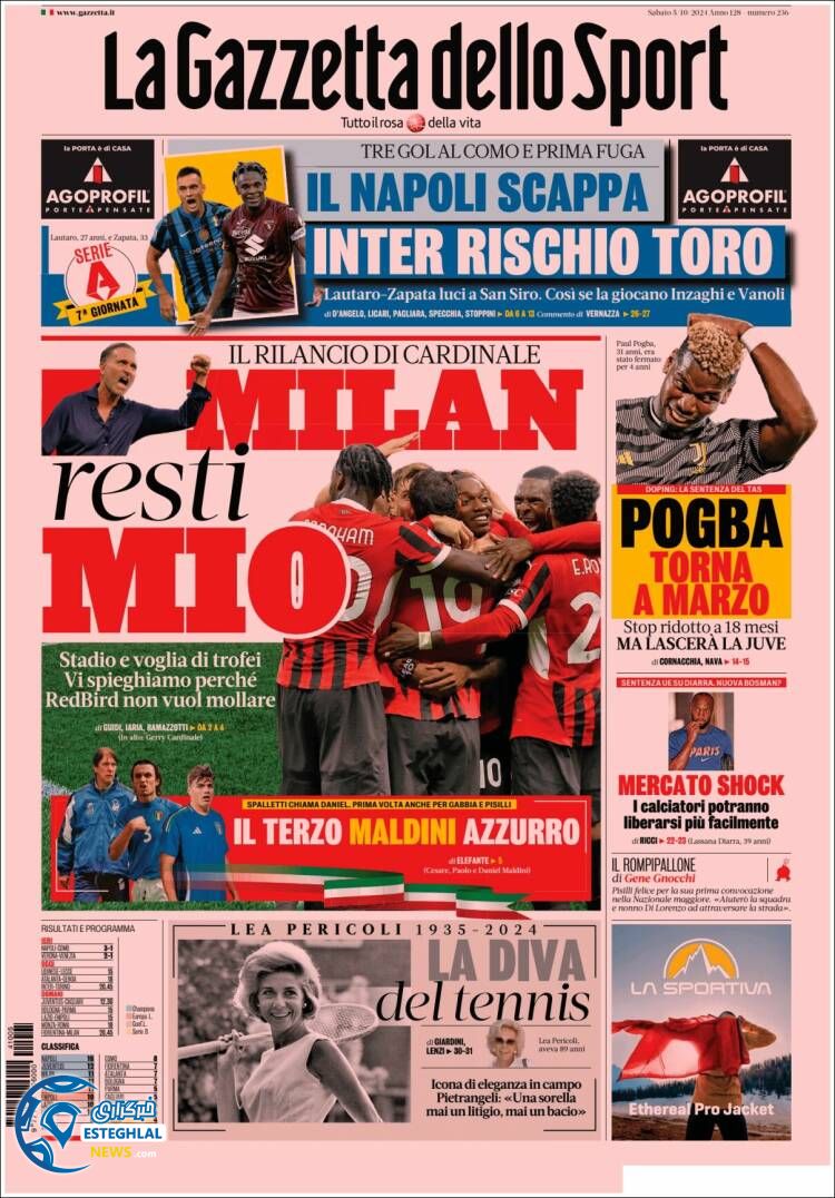 روزنامه  ورزشی گاتزتا دلو اسپورت شنبه 14 مهر 1403 