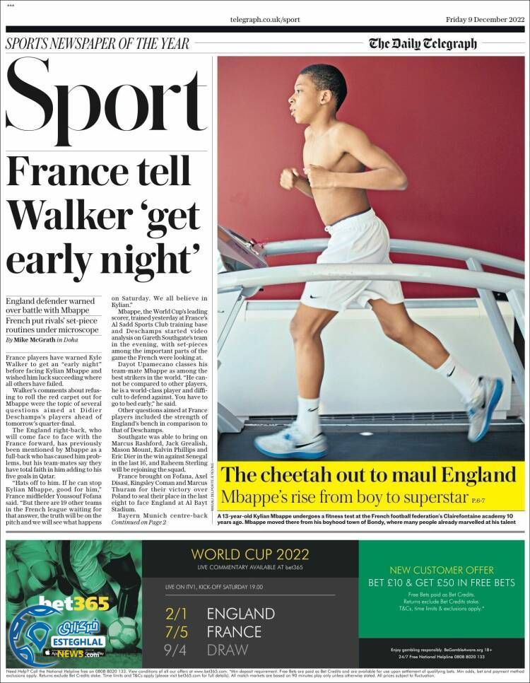 روزنامه ورزشی تلگراف اسپورت جمعه 18 آذر 1401