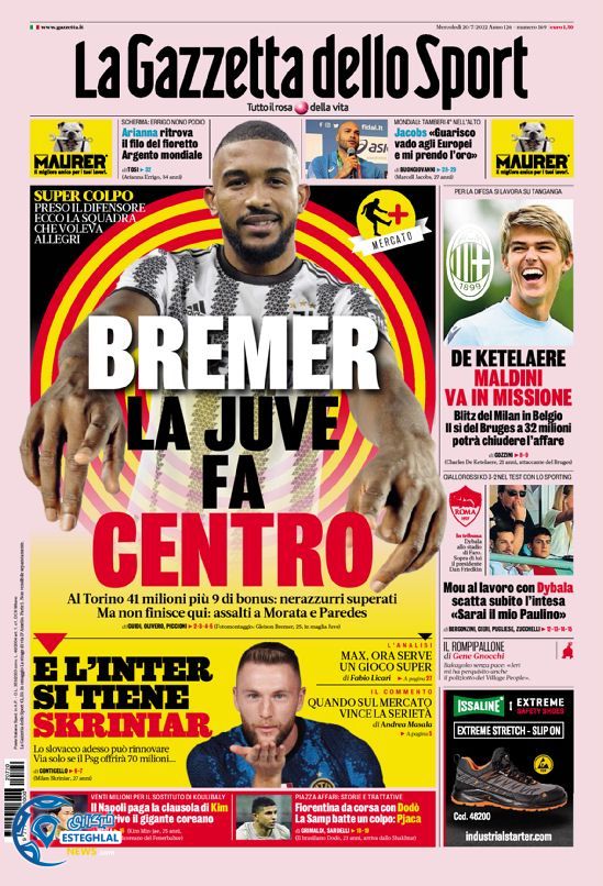 روزنامه ورزشی گاتزتا دلو اسپورت چهارشنبه 29 تیر 1401