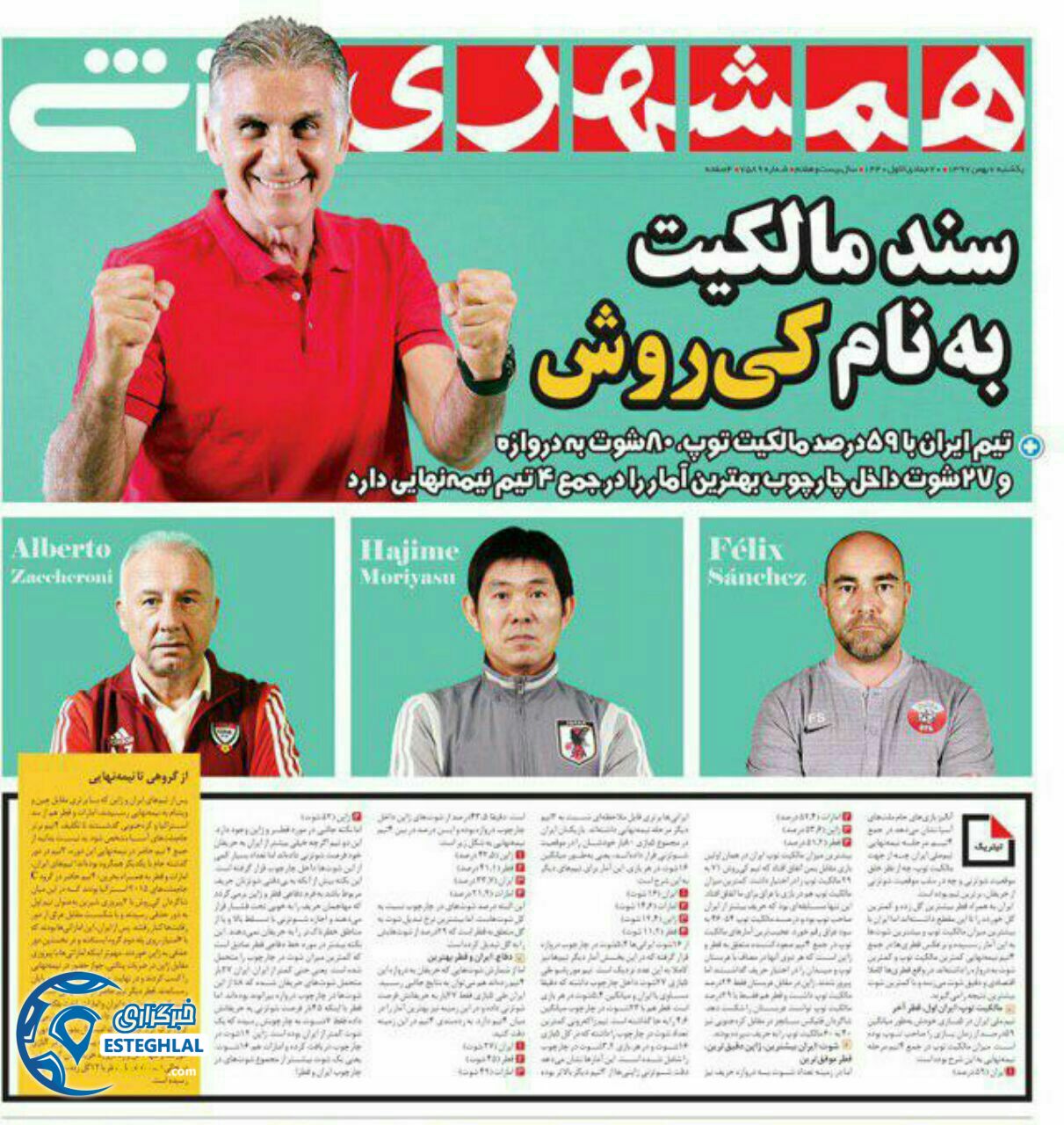 روزنامه همشهری ورزشی یکشنبه 7 بهمن 1397         