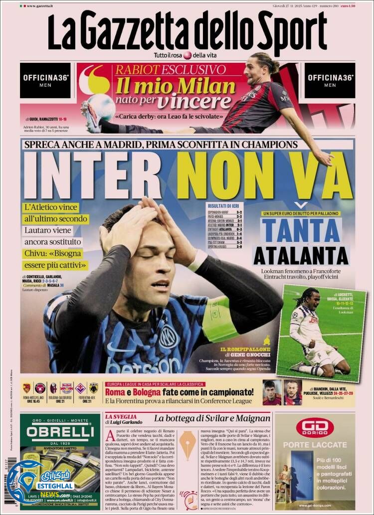 روزنامه  ورزشی گاتزتا دلو اسپورت پنجشنبه 6 آذر 1404 