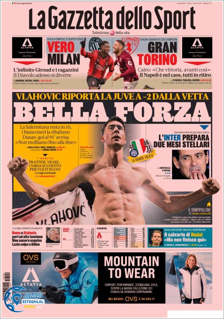 روزنامه ورزشی گاتزتا دلو اسپورت دوشنبه 18 دی 1402 