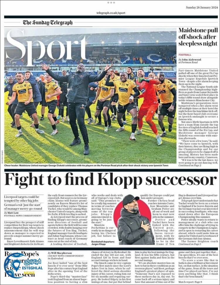 روزنامه  ورزشی تلگراف اسپورت یکشنبه 8 بهمن 1402 