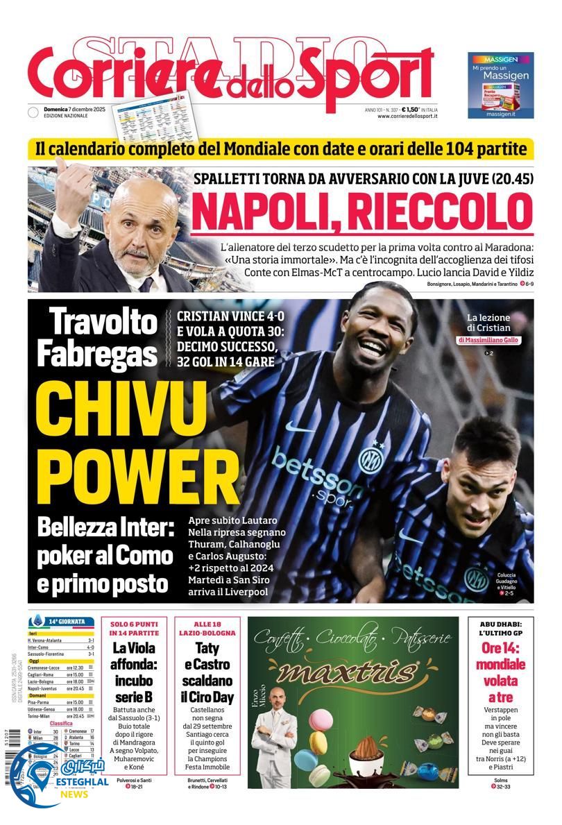 روزنامه  ورزشی کوریره دلو اسپورت یکشنبه 16 آذر 1404 