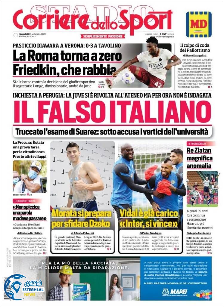 روزنامه ورزشی کوریره دلو اسپورت چهارشنبه 2 مهر 1399