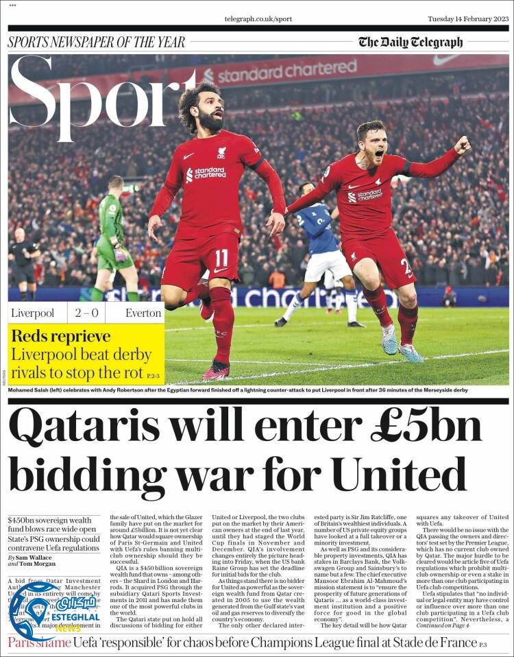 روزنامه  ورزشی تلگراف اسپورت سه شنبه 25 بهمن 1401 