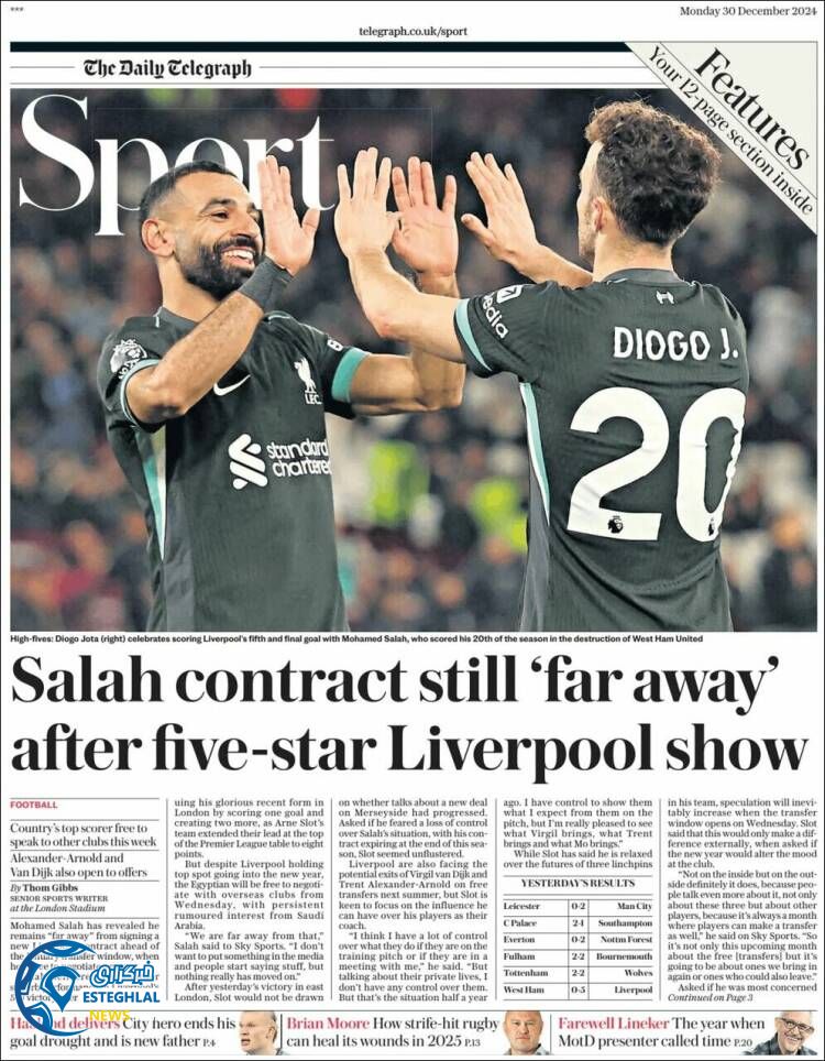 روزنامه ورزشی تلگراف اسپورت دوشنبه 10 دی 1403 