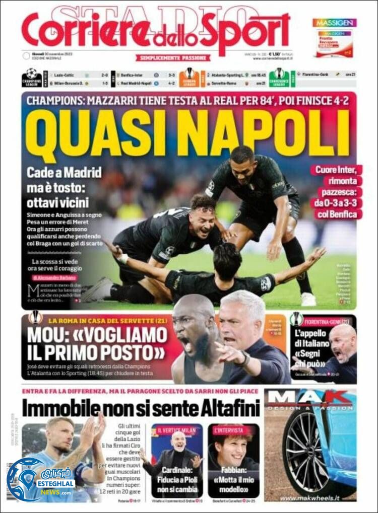 روزنامه ورزشی کوریره دلو اسپورت پنجشنبه 9 آذر 1402 