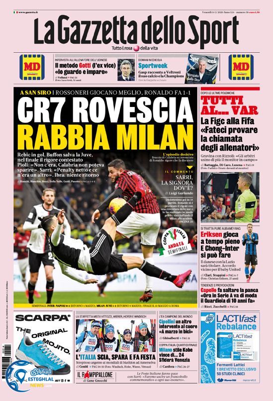 روزنامه ورزشی گاتزتا دلو اسپورت جمعه 25 بهمن 1398