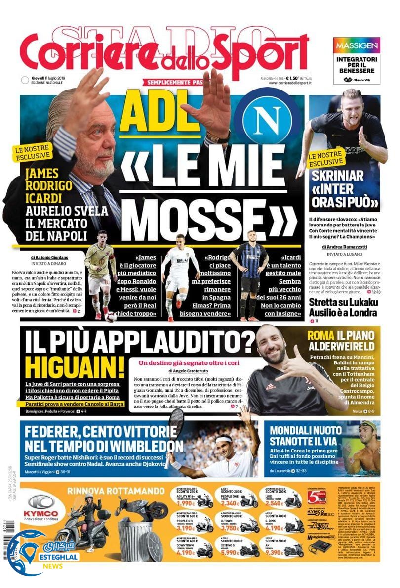 روزنامه ورزشی کوریره دلو اسپورت پنجشنبه 20 تیر 1398