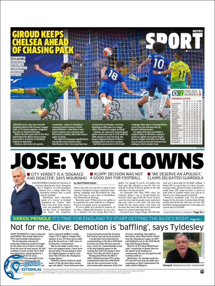 روزنامه ورزشی مترو اسپورت چهارشنبه 25 تیر 1399