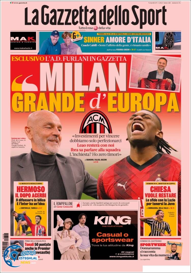 روزنامه ورزشی گاتزتا دلو اسپورت جمعه 10 فروردین 1403 