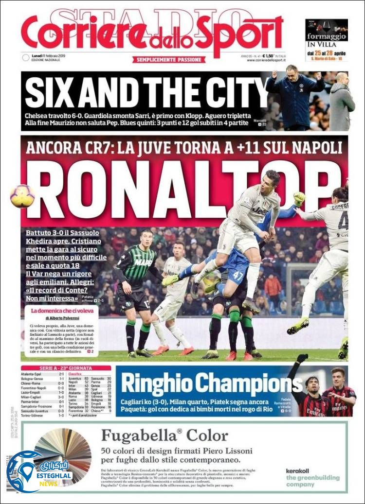 روزنامه ورزشی کوریره دلو اسپورت دوشنبه 22 بهمن 1397