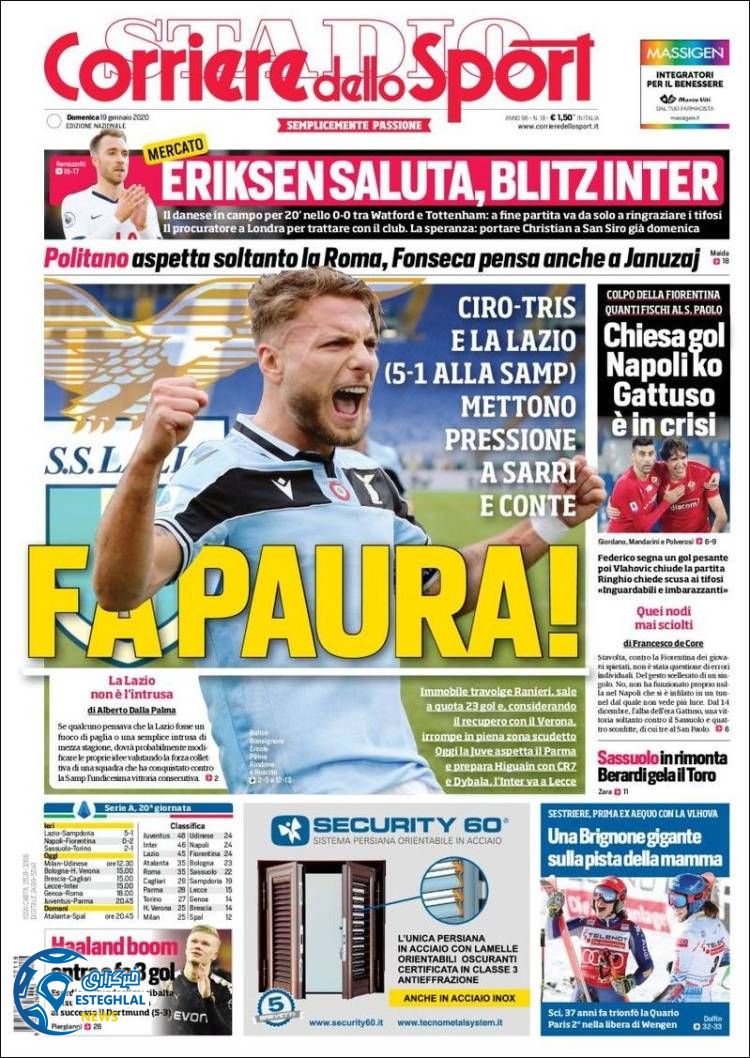 روزنامه ورزشی کوریره دلو اسپورت یکشنبه 29 دی 1398