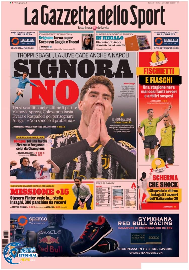 روزنامه ورزشی گاتزتا دلو اسپورت دوشنبه 14 اسفند 1402 