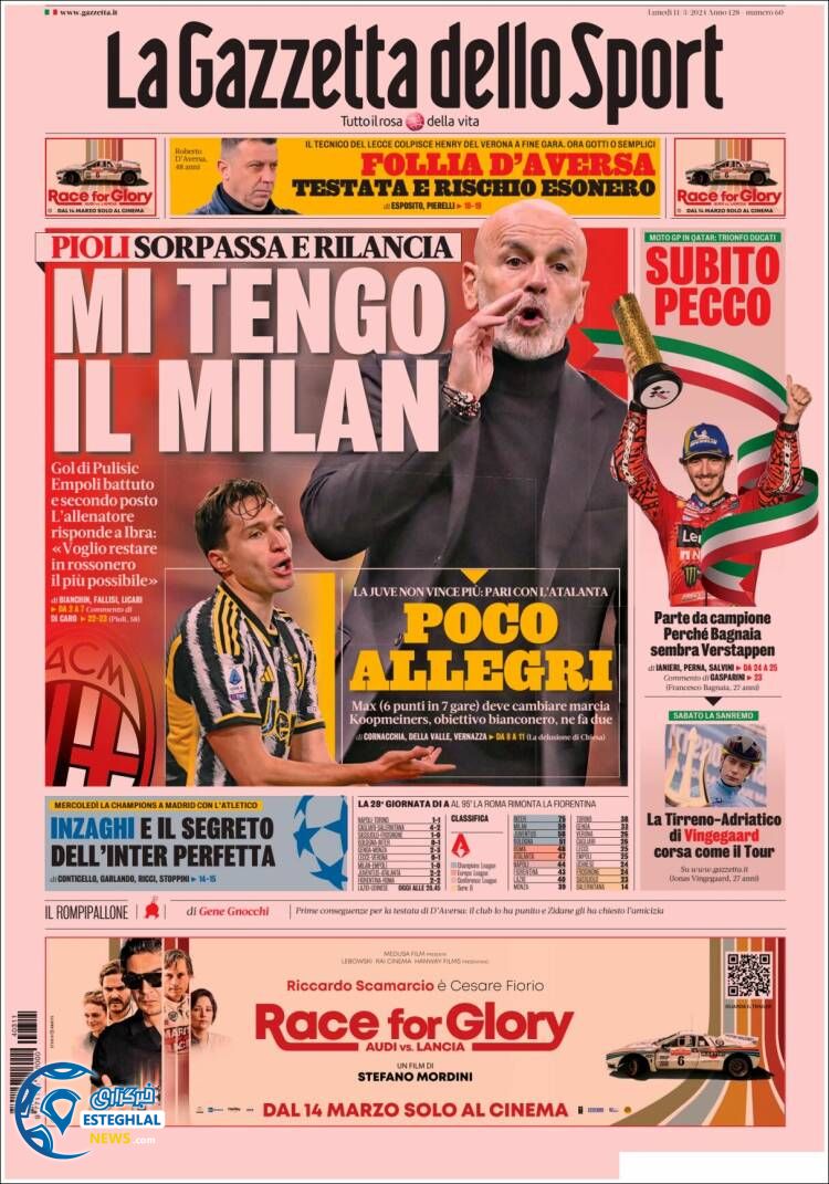 روزنامه ورزشی گاتزتا دلو اسپورت دوشنبه 21 اسفند 1402 