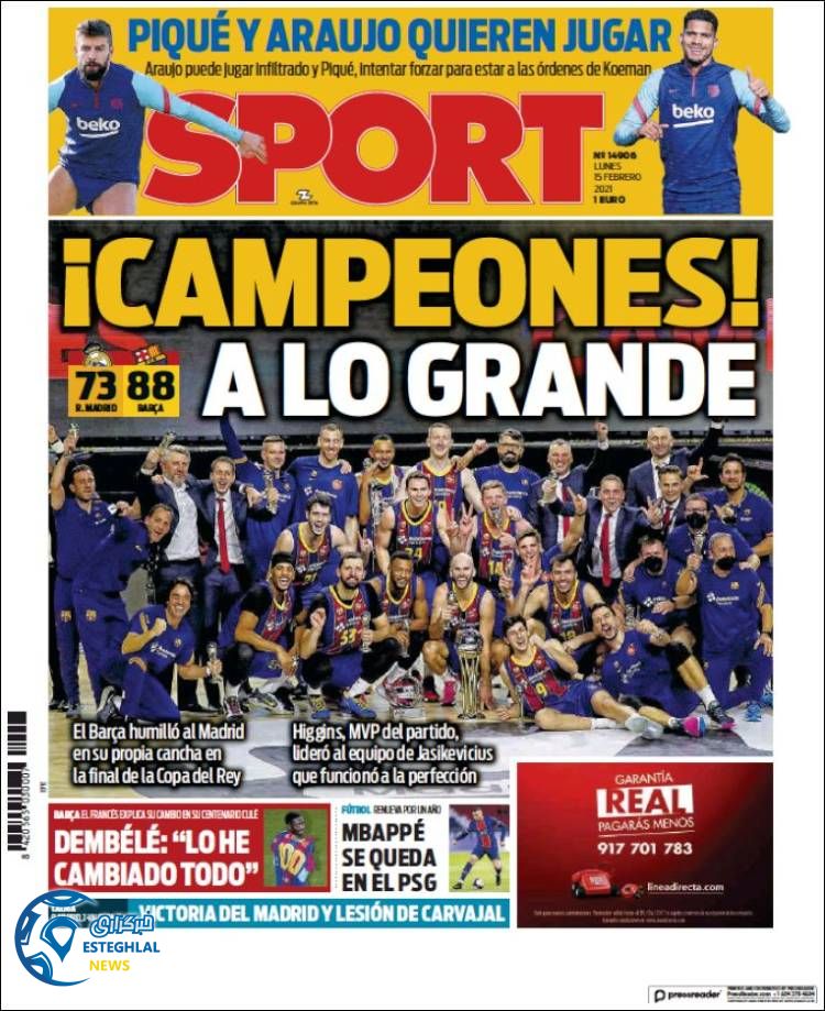 روزنامه ورزشی اسپورت دوشنبه 27 بهمن 1399