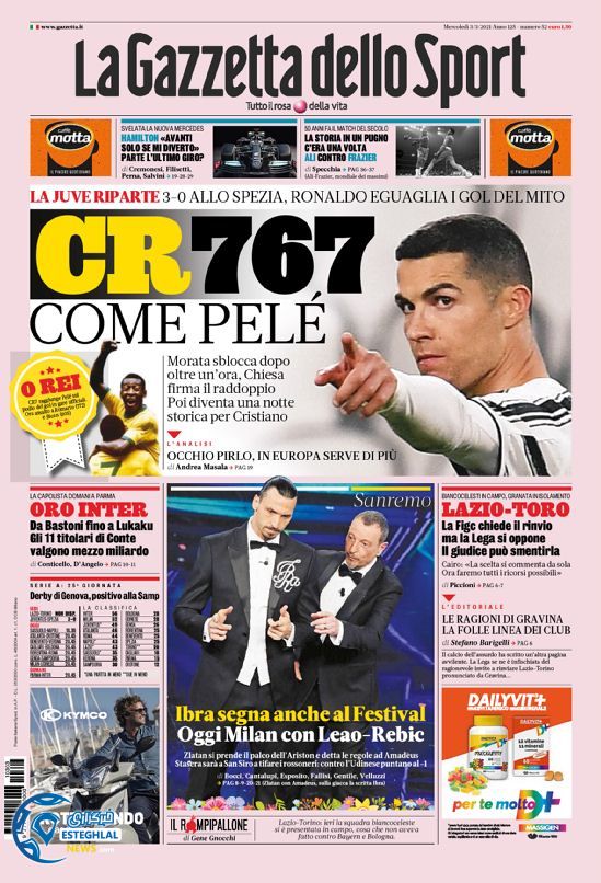 روزنامه ورزشی گاتزتا دلو اسپورت چهارشنبه 13 اسفند 1399