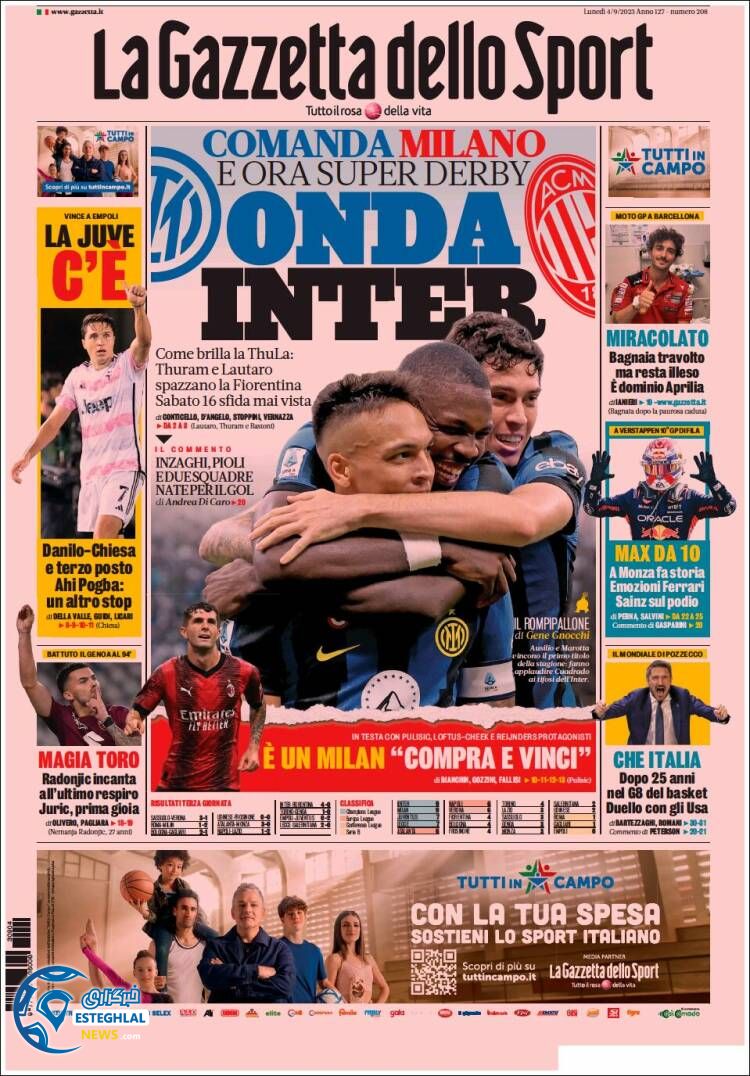 روزنامه ورزشی گاتزتا دلو اسپورت دوشنبه 13 شهریور 1402