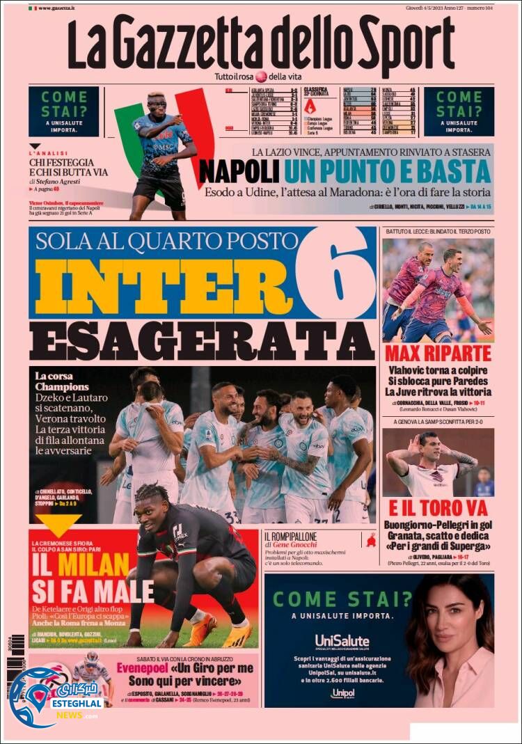 روزنامه ورزشی گاتزتا دلو اسپورت پنجشنبه 14 اردیبهشت 1402 