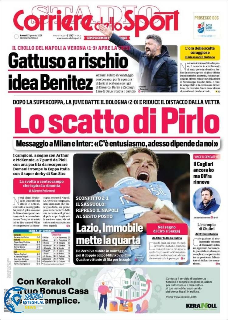 روزنامه ورزشی کوریره دلو اسپورت دوشنبه 6 بهمن 1399