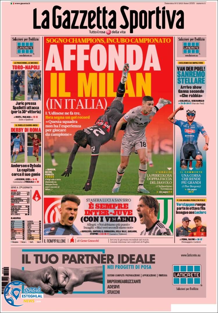 روزنامه ورزشی گاتزتا دلو اسپورت یکشنبه 28 اسفند 1401 