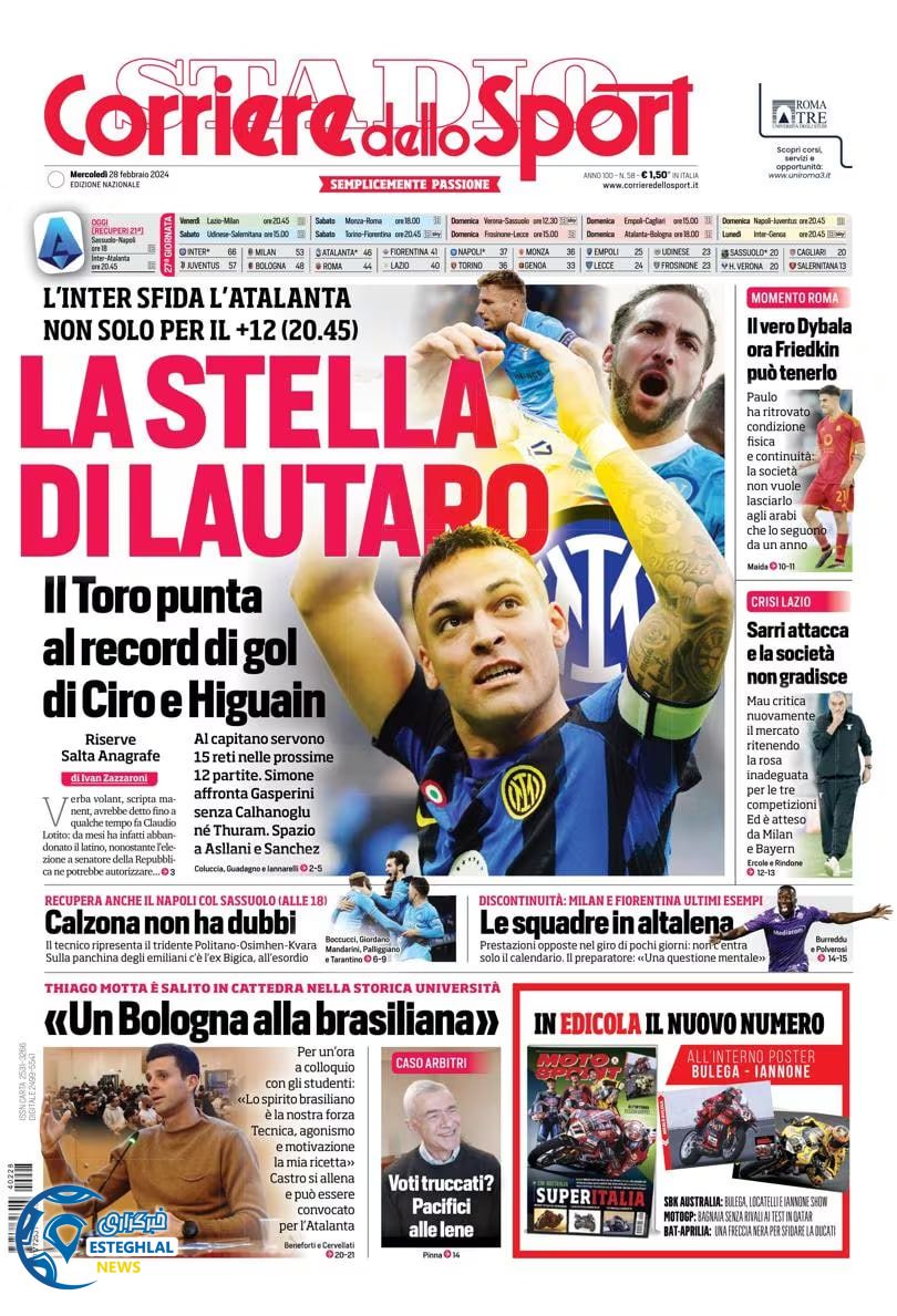 روزنامه  ورزشی کوریره دلو اسپورت چهارشنبه 9 اسفند 1402 