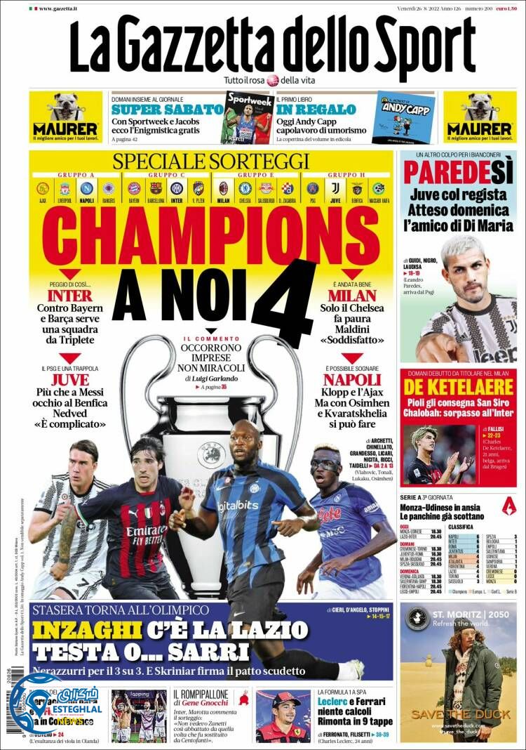 روزنامه ورزشی گاتزتا دلو اسپورت جمعه 4 شهریور 1401