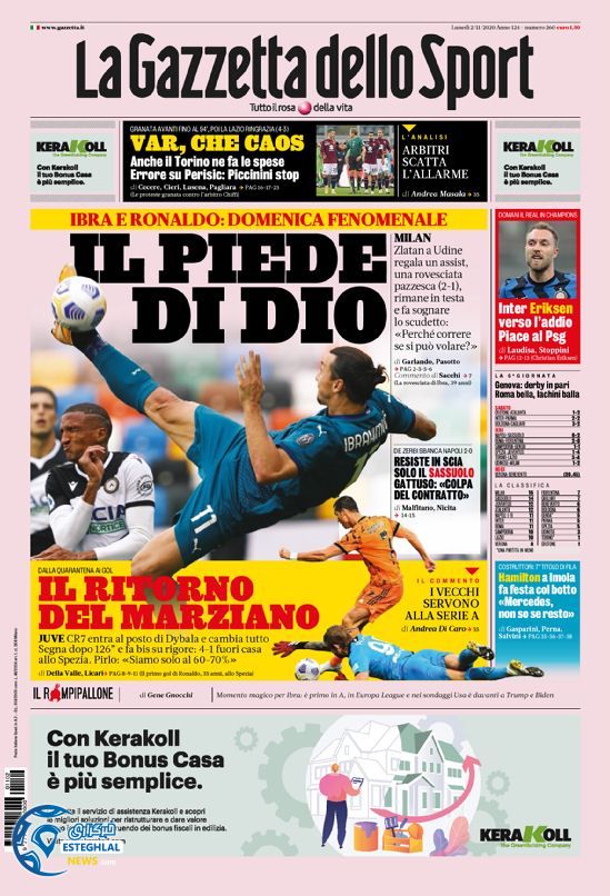 روزنامه ورزشی گاتزتا دلو اسپورت دوشنبه 12 آبان 1399