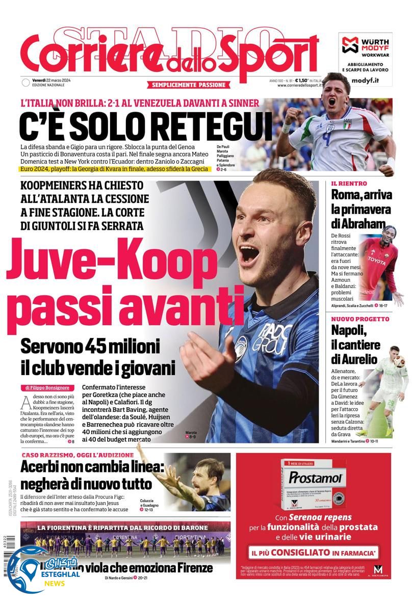 روزنامه ورزشی کوریره دلو اسپورت جمعه 3 فروردین 1403 