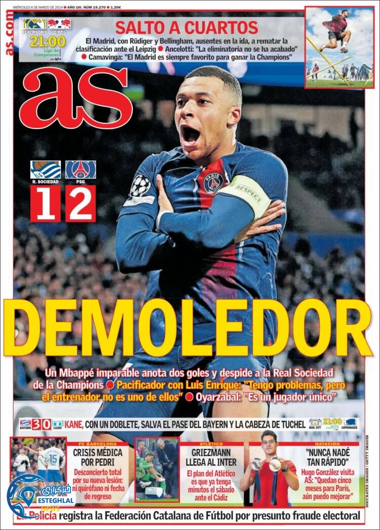 روزنامه ورزشی آ اس چهارشنبه 16 اسفند 1402 